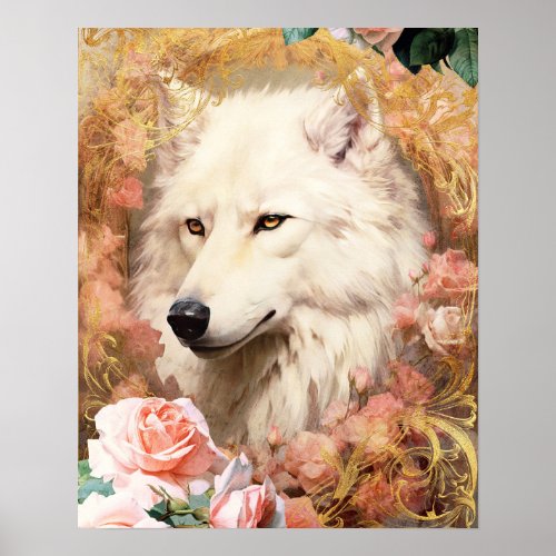 White Wolf and Pink Roses Poster