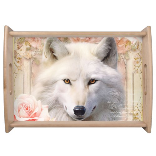 White Wolf and Pink Roses Serving Tray