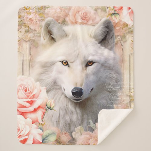 White Wolf and Pink Roses Sherpa Blanket