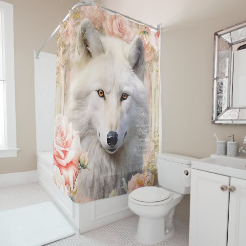 White Wolf and Pink Roses Shower Curtain