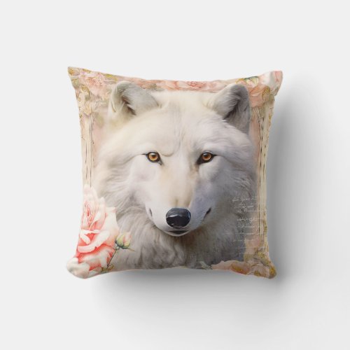 White Wolf and Pink Roses Throw Pillow