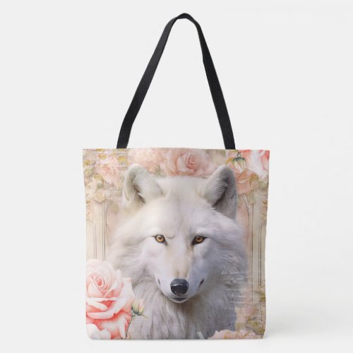 White Wolf and Pink Roses Tote Bag