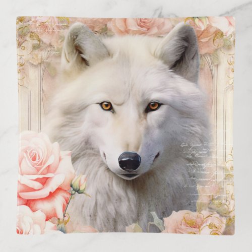 White Wolf and Pink Roses Trinket Tray