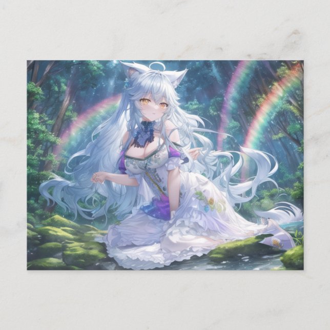 White Wolf Anime Girl Postcard | Fantasy Anime Art (Front)