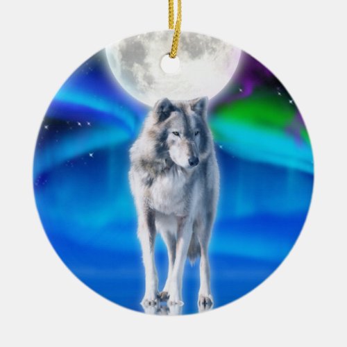 White Wolf  Aurora Arctic Wildlife Scene Ceramic Ornament