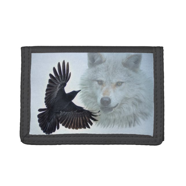 White Wolf & Black Raven Wildlife Art Tri-fold Wallet (Front)