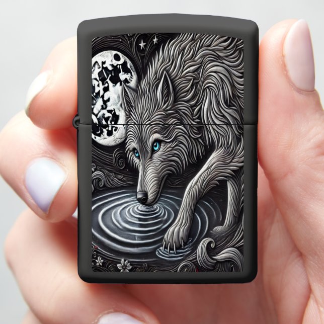 White Wolf by Moonlight Zippo Lighter (In Hand)