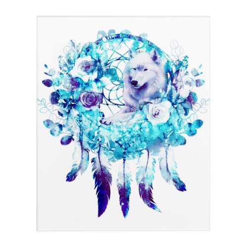 White Wolf Dreamcatcher Purple Blue Floral Acrylic Print