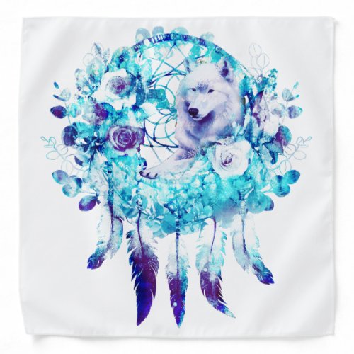 White Wolf Dreamcatcher Purple Blue Floral Bandana