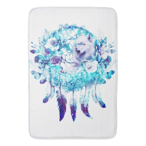 White Wolf Dreamcatcher Purple Blue Floral Bath Mat