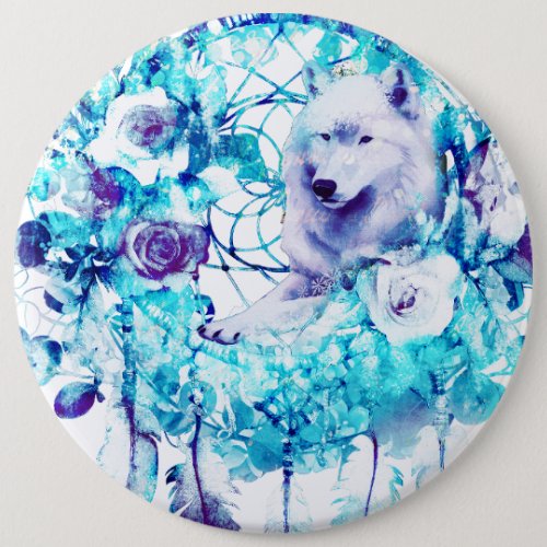 White Wolf Dreamcatcher Purple Blue Floral Button