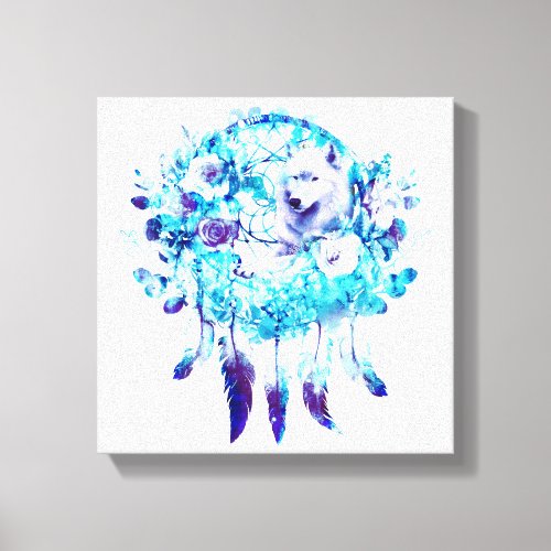 White Wolf Dreamcatcher Purple Blue Floral Canvas Print