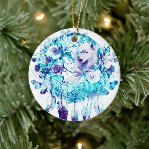 White Wolf Dreamcatcher Purple Blue Floral Ceramic Ornament