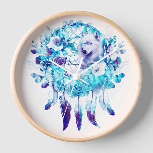 White Wolf Dreamcatcher Purple Blue Floral Clock