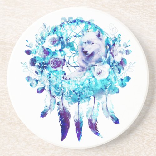 White Wolf Dreamcatcher Purple Blue Floral Coaster