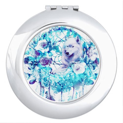 White Wolf Dreamcatcher Purple Blue Floral Compact Mirror