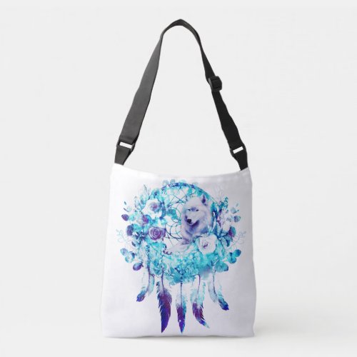 White Wolf Dreamcatcher Purple Blue Floral Crossbody Bag