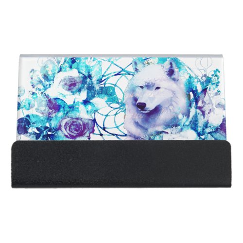 White Wolf Dreamcatcher Purple Blue Floral Desk Business Card Holder