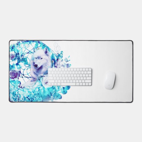 White Wolf Dreamcatcher Purple Blue Floral Desk Mat