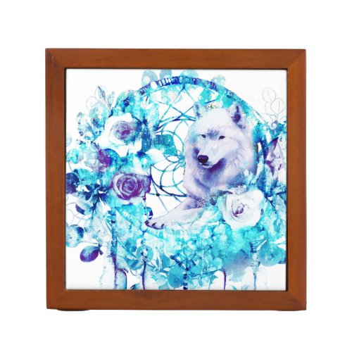 White Wolf Dreamcatcher Purple Blue Floral Desk Organizer