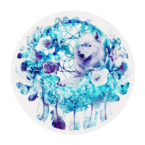 White Wolf Dreamcatcher Purple Blue Floral Edible Frosting Rounds