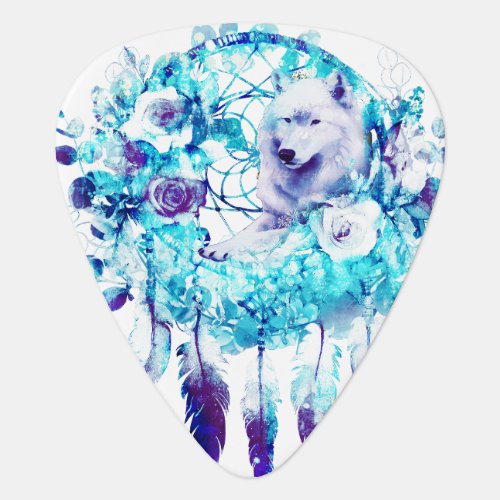 White Wolf Dreamcatcher Purple Blue Floral Guitar Pick