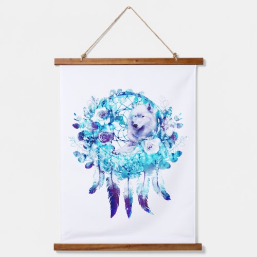 White Wolf Dreamcatcher Purple Blue Floral Hanging Tapestry