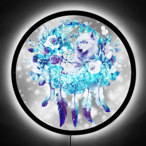 White Wolf Dreamcatcher Purple Blue Floral LED Sign