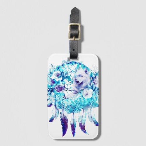 White Wolf Dreamcatcher Purple Blue Floral Luggage Tag