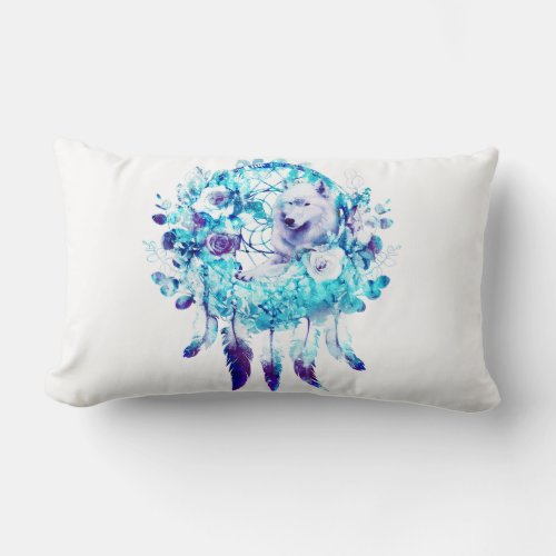 White Wolf Dreamcatcher Purple Blue Floral Lumbar Pillow