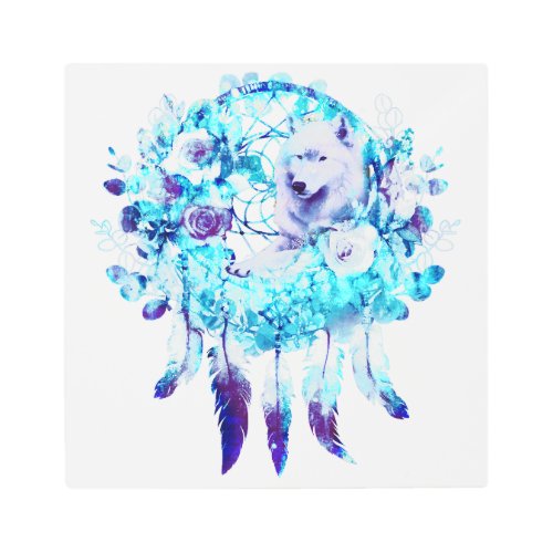 White Wolf Dreamcatcher Purple Blue Floral Metal Print