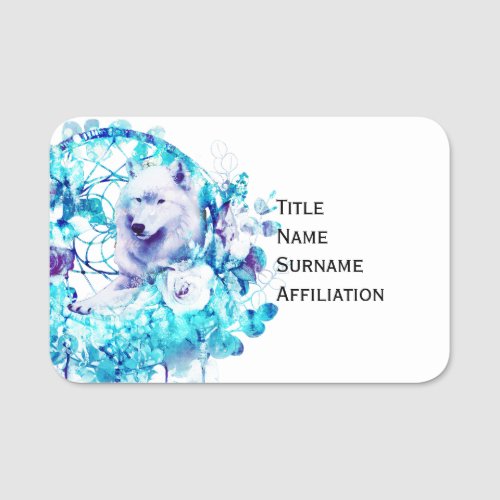 White Wolf Dreamcatcher Purple Blue Floral Name Tag