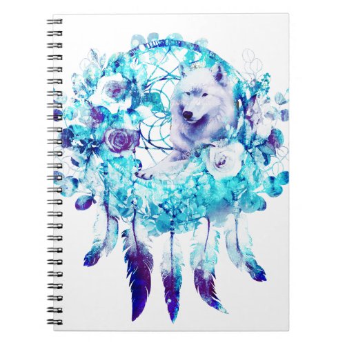 White Wolf Dreamcatcher Purple Blue Floral Notebook