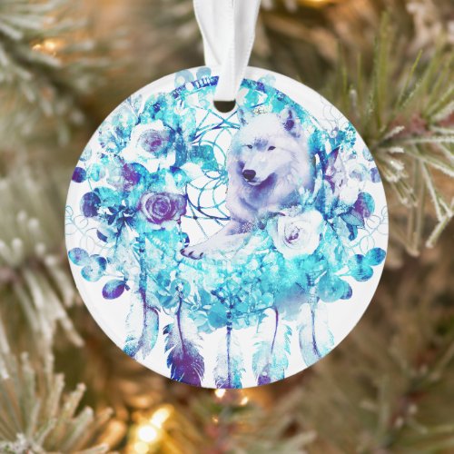 White Wolf Dreamcatcher Purple Blue Floral Ornament