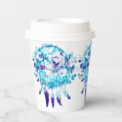 White Wolf Dreamcatcher Purple Blue Floral Paper Cups