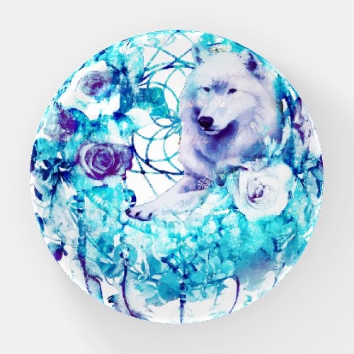 White Wolf Dreamcatcher Purple Blue Floral Paperweight
