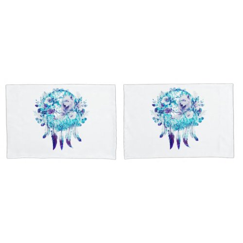 White Wolf Dreamcatcher Purple Blue Floral Pillow Case