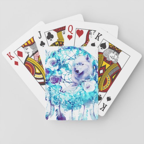 White Wolf Dreamcatcher Purple Blue Floral Playing Cards