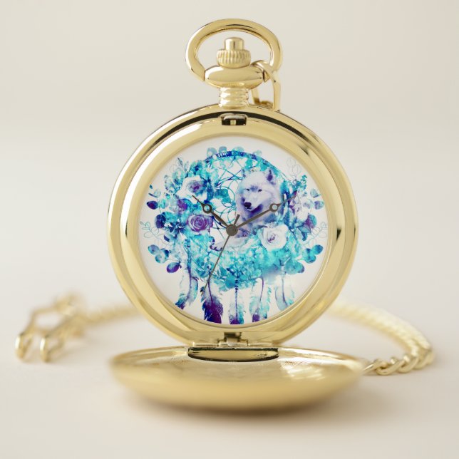 White Wolf Dreamcatcher Purple Blue Floral Pocket Watch (Inside)