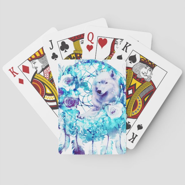 White Wolf Dreamcatcher Purple Blue Floral Poker Cards (Back)