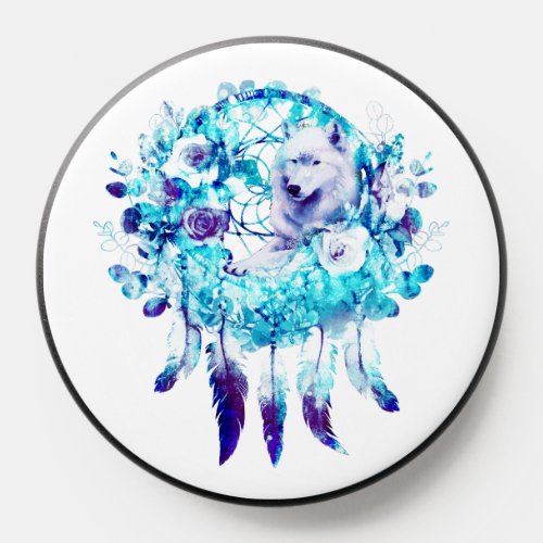 White Wolf Dreamcatcher Purple Blue Floral PopSocket