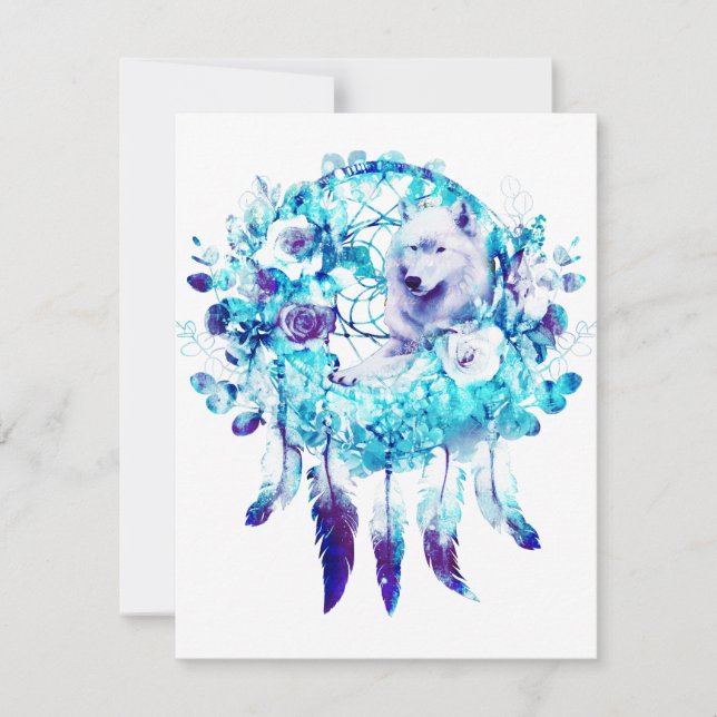 White Wolf Dreamcatcher Purple Blue Floral RSVP Card (Front)