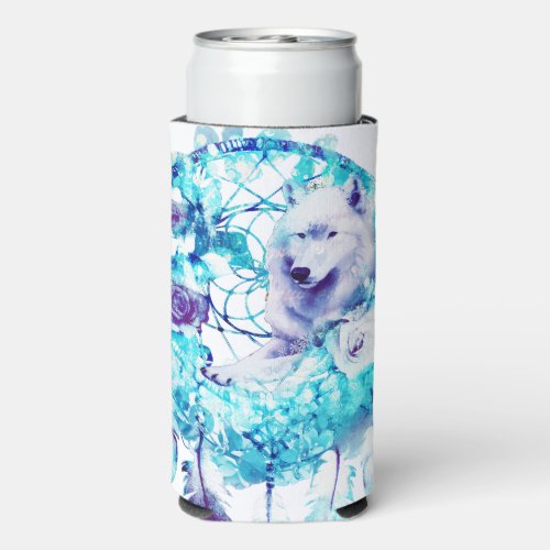 White Wolf Dreamcatcher Purple Blue Floral Seltzer Can Cooler