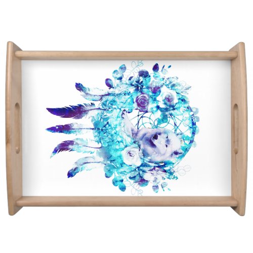 White Wolf Dreamcatcher Purple Blue Floral Serving Tray