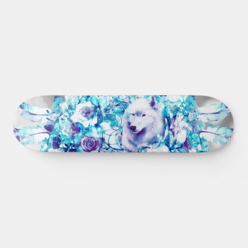 White Wolf Dreamcatcher Purple Blue Floral Skateboard