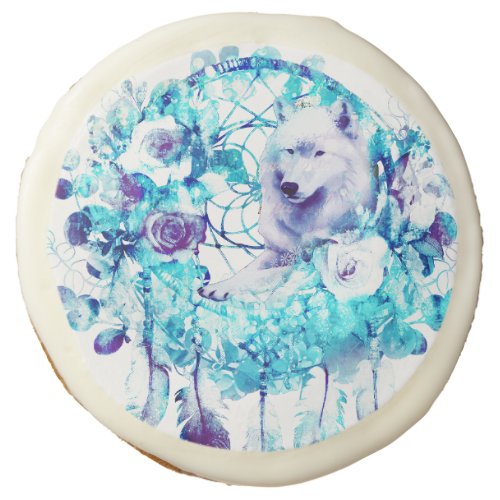 White Wolf Dreamcatcher Purple Blue Floral Sugar Cookie
