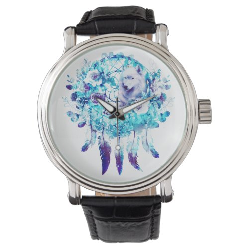 White Wolf Dreamcatcher Purple Blue Floral Watch