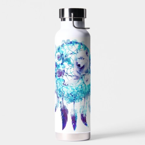 White Wolf Dreamcatcher Purple Blue Floral Water Bottle