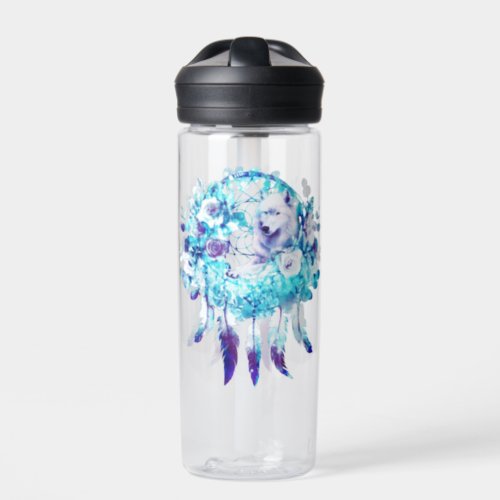 White Wolf Dreamcatcher Purple Blue Floral Water Bottle