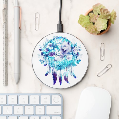 White Wolf Dreamcatcher Purple Blue Floral Wireless Charger